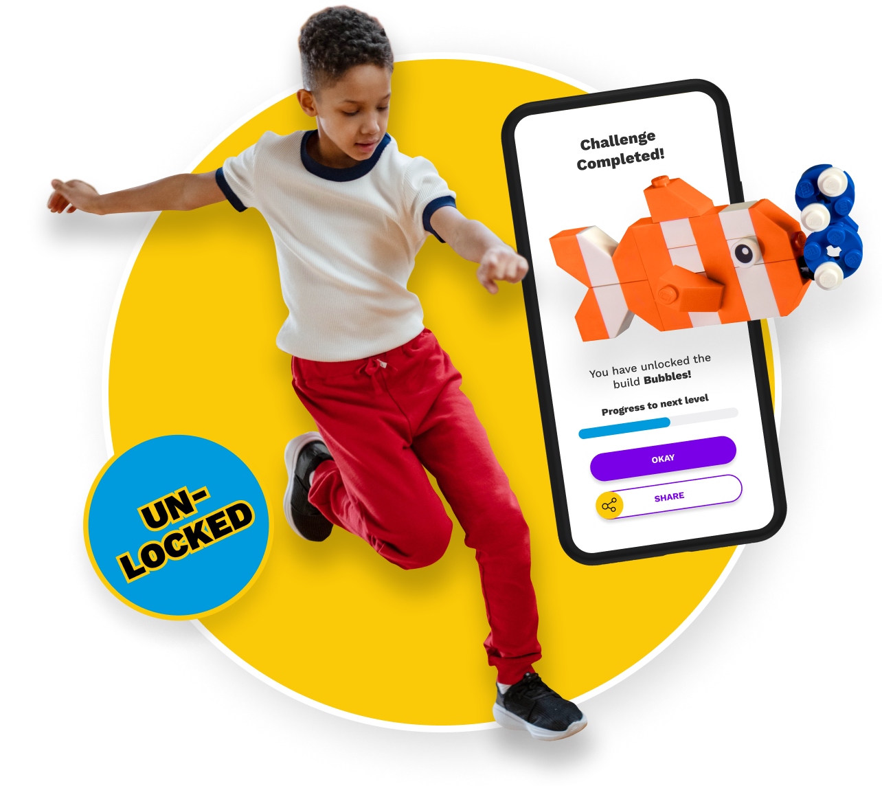 Start kicking goals with BrickFit! A boy about to kick a ball and a smartphone displaying LEGO® brick build instructions on the BrickFit Kids app.