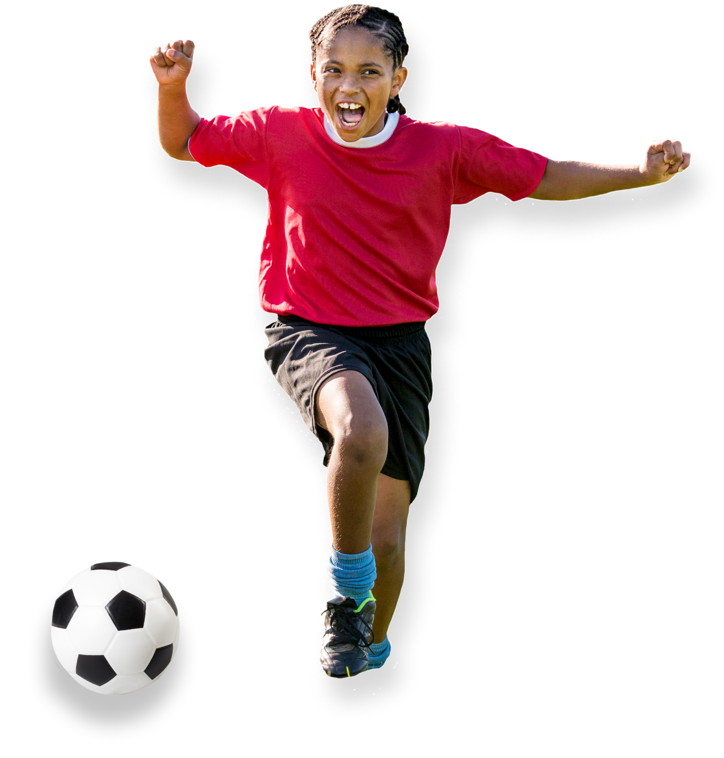 Stay active, stay healthy. A girl kicking a soccer ball.