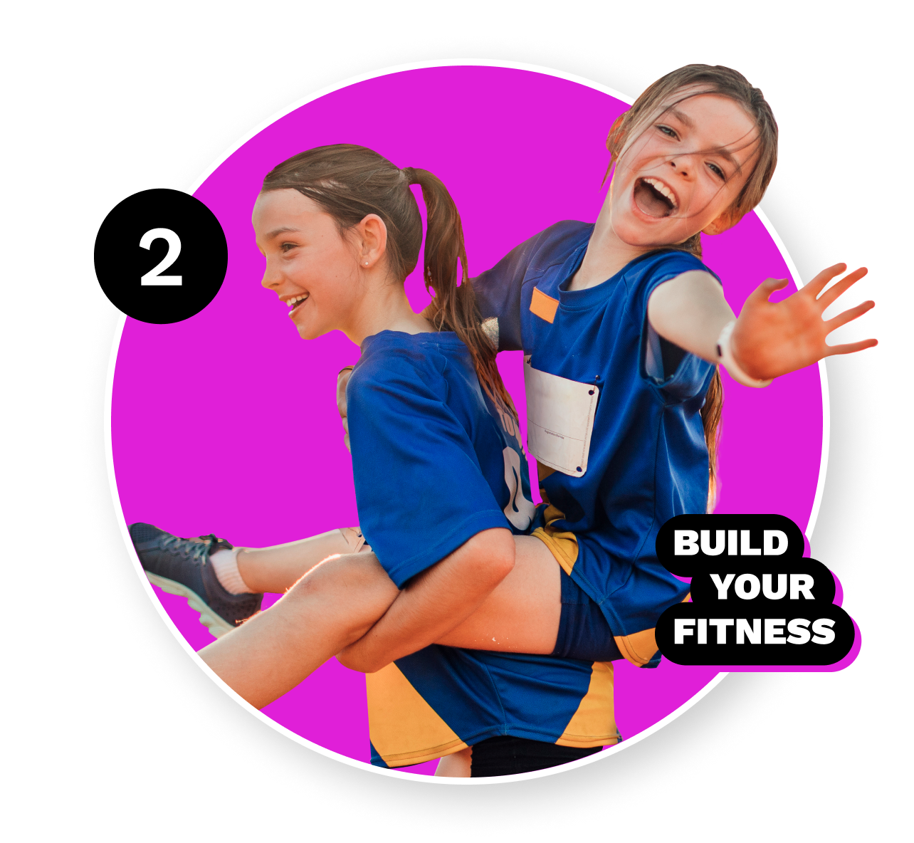 Use BrickFit to complete challenges with your friends. Two girls wearing matching soccer gear.