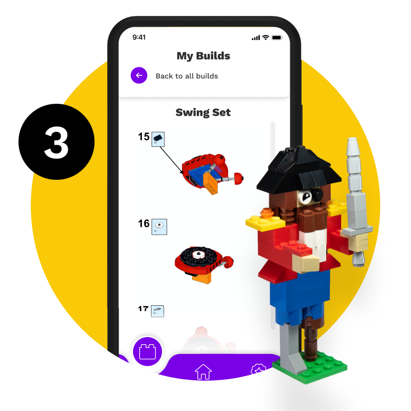 Build LEGO® figurines with BrickFit. A smartphone displaying LEGO® build instructions on the BrickFit app. 