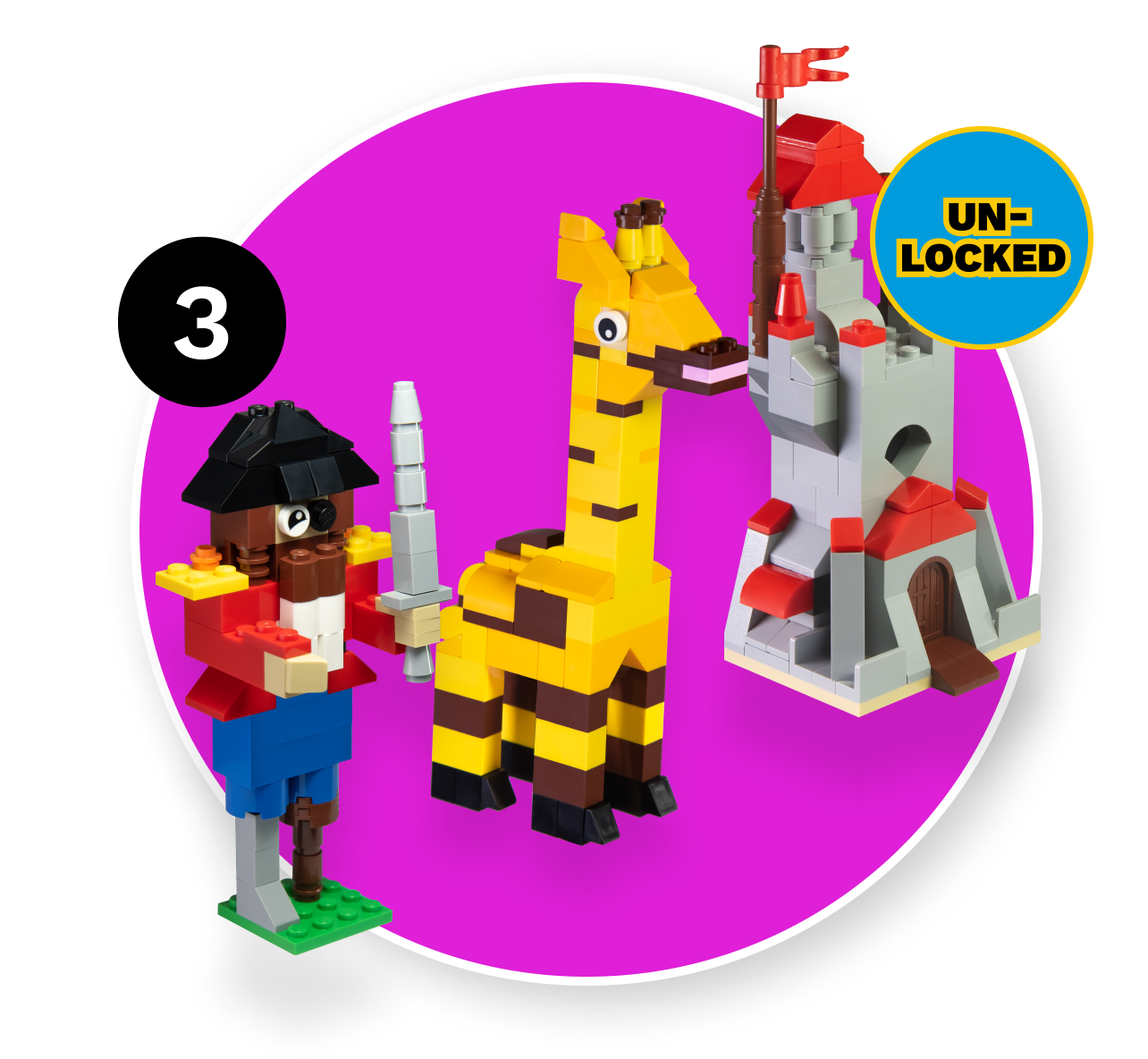 Unlock new LEGO® builds. LEGO® brick models in the shape of a pirate, a giraffe, and a castle.