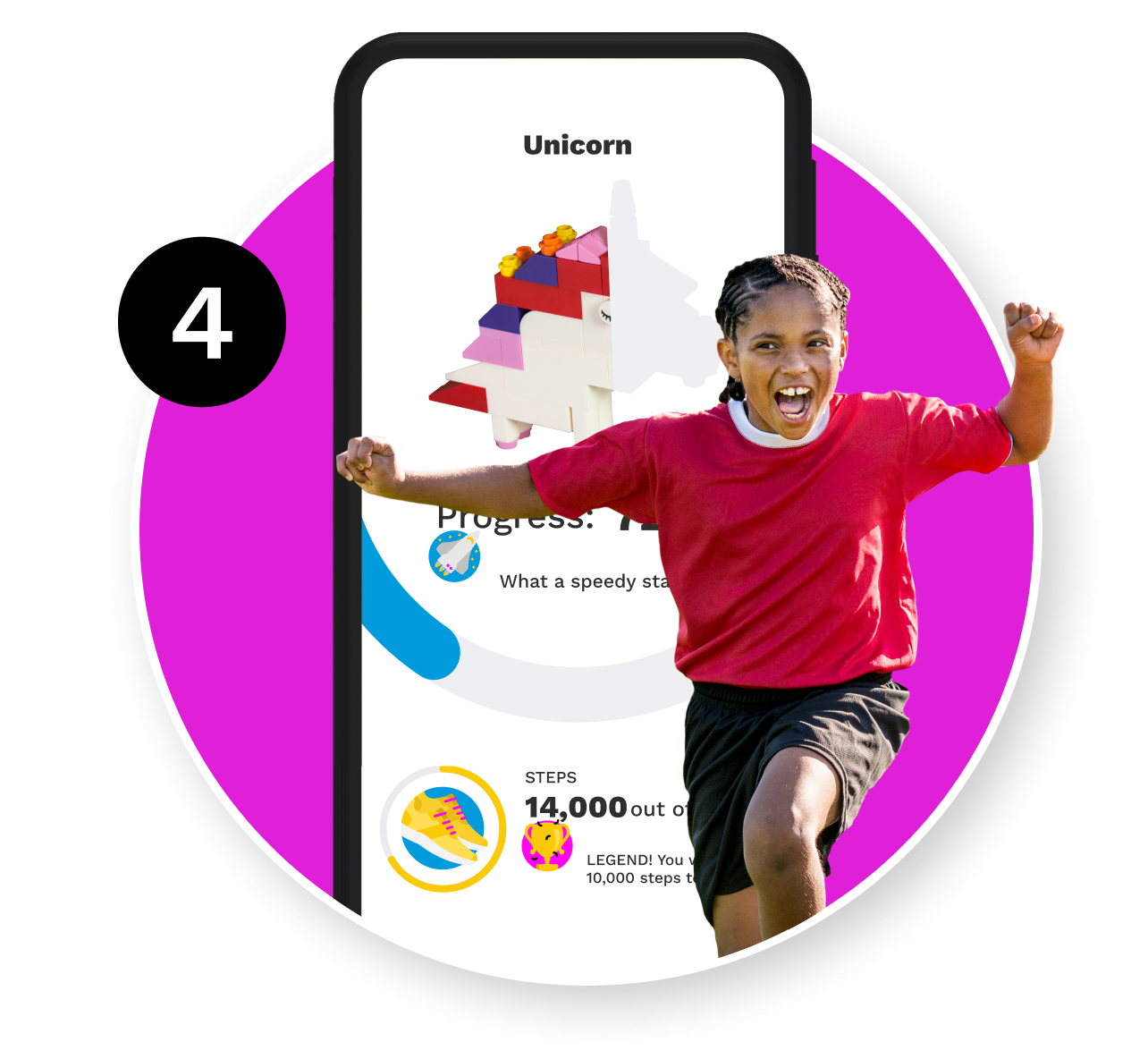 Build fitness with BrickFit! A girl running, with a smartphone displaying the active challenge on the BrickFit kids app in the background.