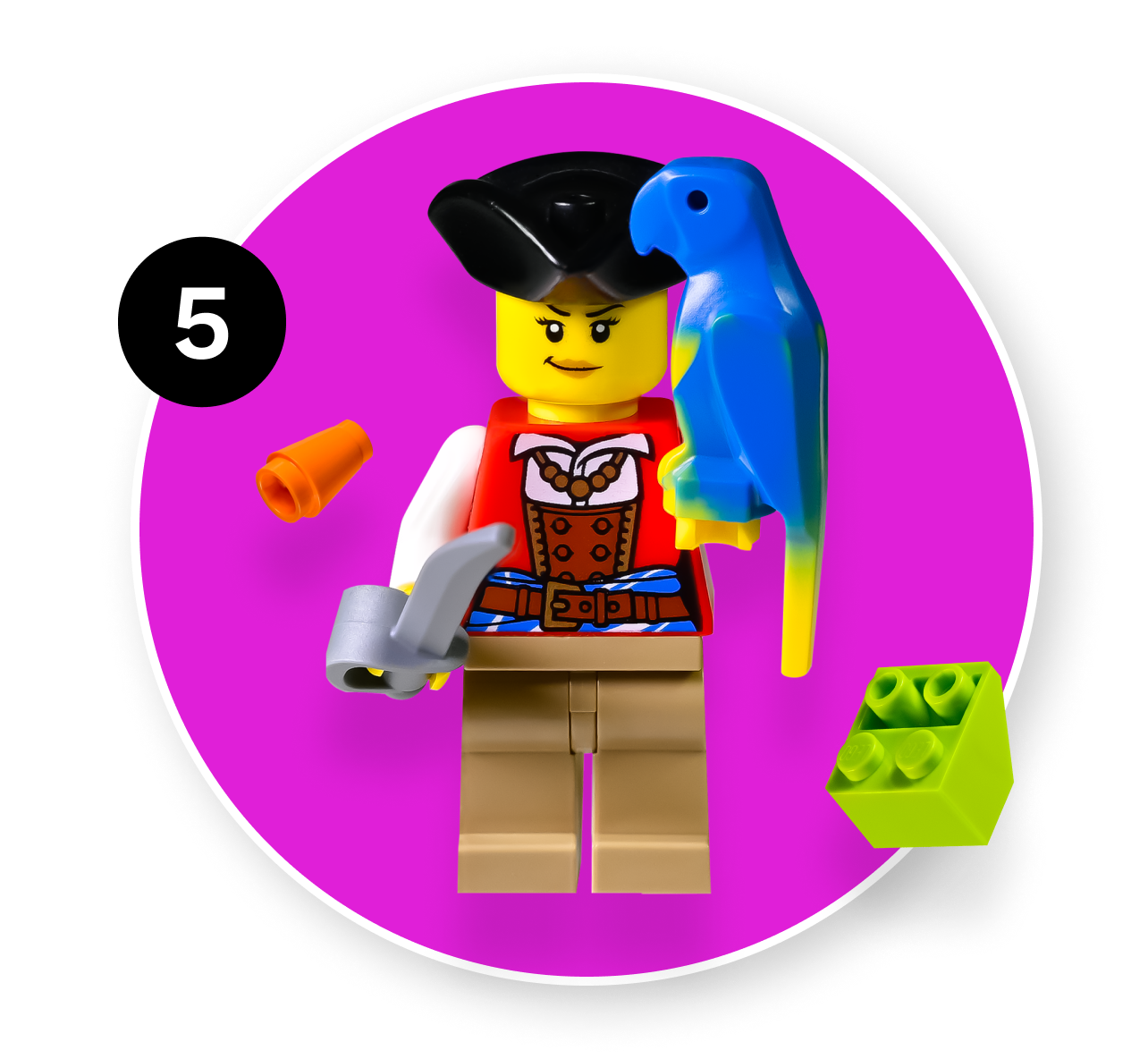 Unlock even more LEGO® fun. A LEGO® minifigure of a pirate holding a parrot.