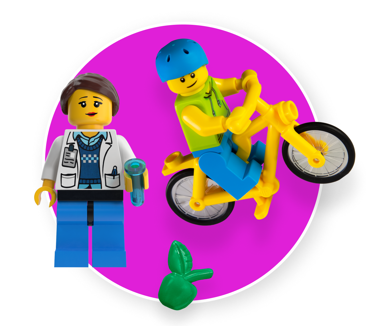 Why keeping kids healthy is important. Two LEGO® minifigures, resembling a scientist and a BMX bike rider.